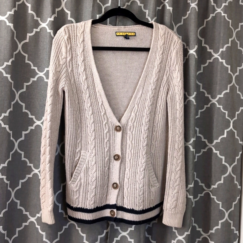 Prince & Fox Cardigan in cream with navy trim size